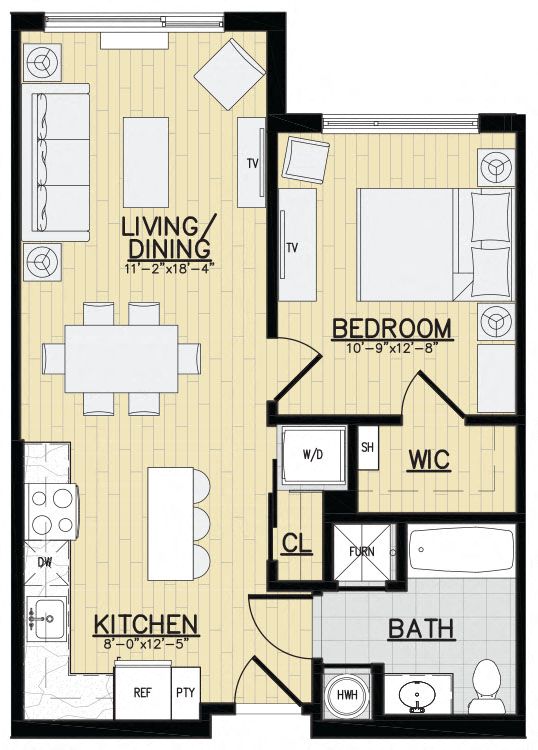 Floor plan for 1 bed, 1 bath, 677 sqft